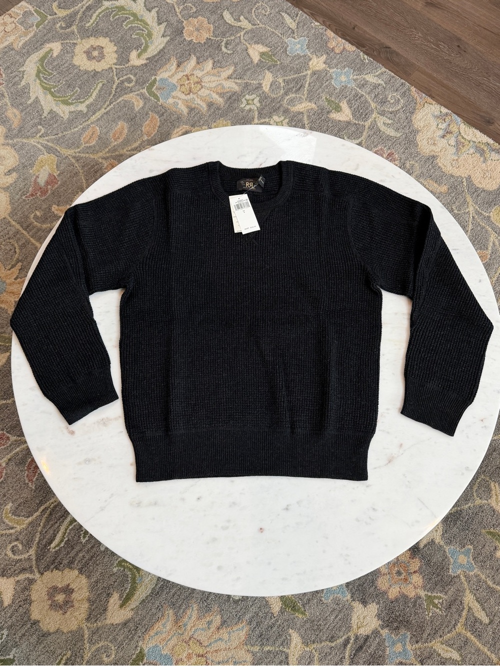 NWT RRL Ralph Lauren Waffle Knit Cotton Wool Sweater Black L $395